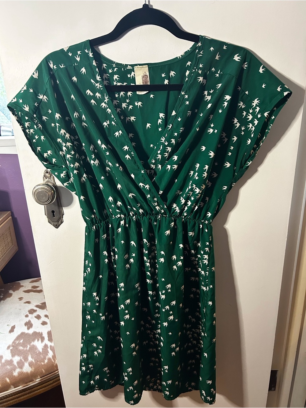 Emerald Green Bird-Print Mini Wrap Dress
